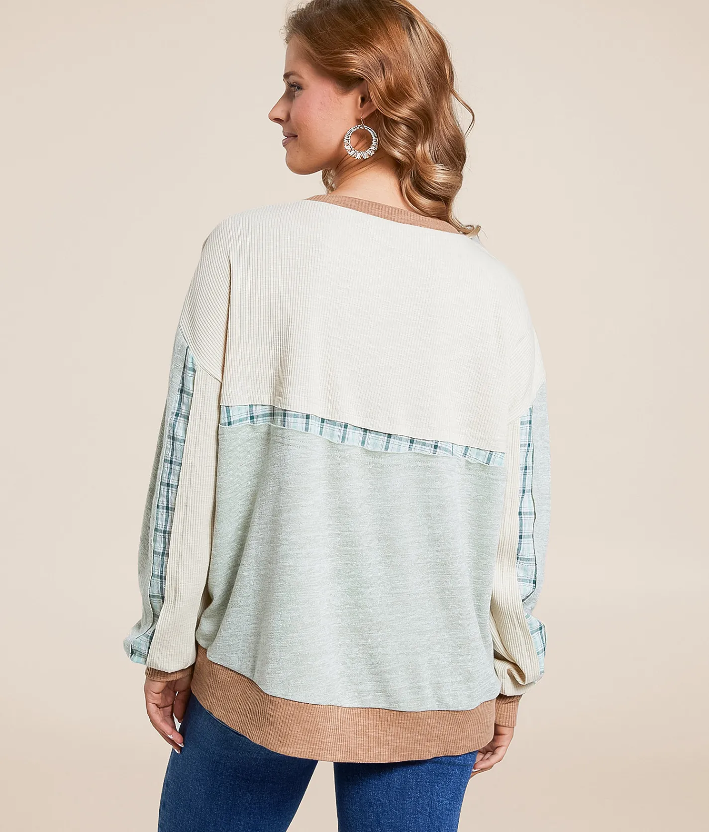 BKE Pieced Plaid Top Sage Best