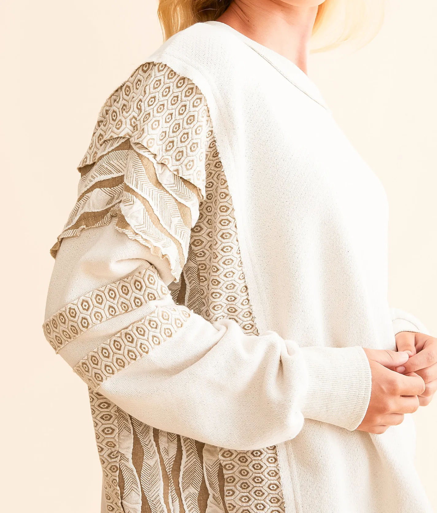 BKE Pieced Pullover Cream Multi Clearance