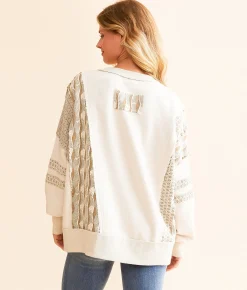 BKE Pieced Pullover Cream Multi Clearance