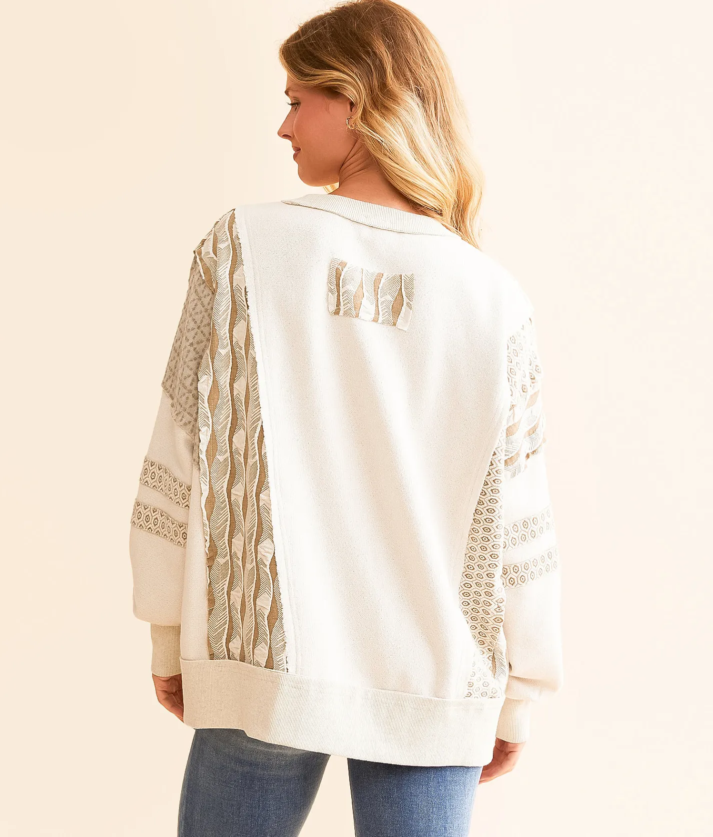 BKE Pieced Pullover Cream Multi Clearance