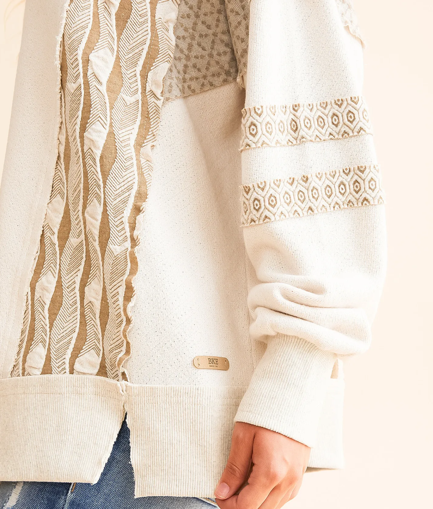 BKE Pieced Pullover Cream Multi Clearance