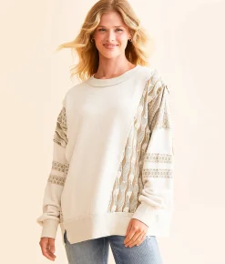 BKE Pieced Pullover Cream Multi Clearance