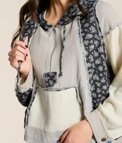 POL Pieced Quarter Zip Hoodie Light Taupe Outlet