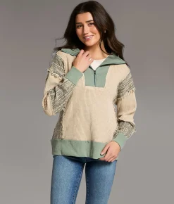 BKE Pieced Quarter Zip Oversized Pullover Gardenia Abyss Online