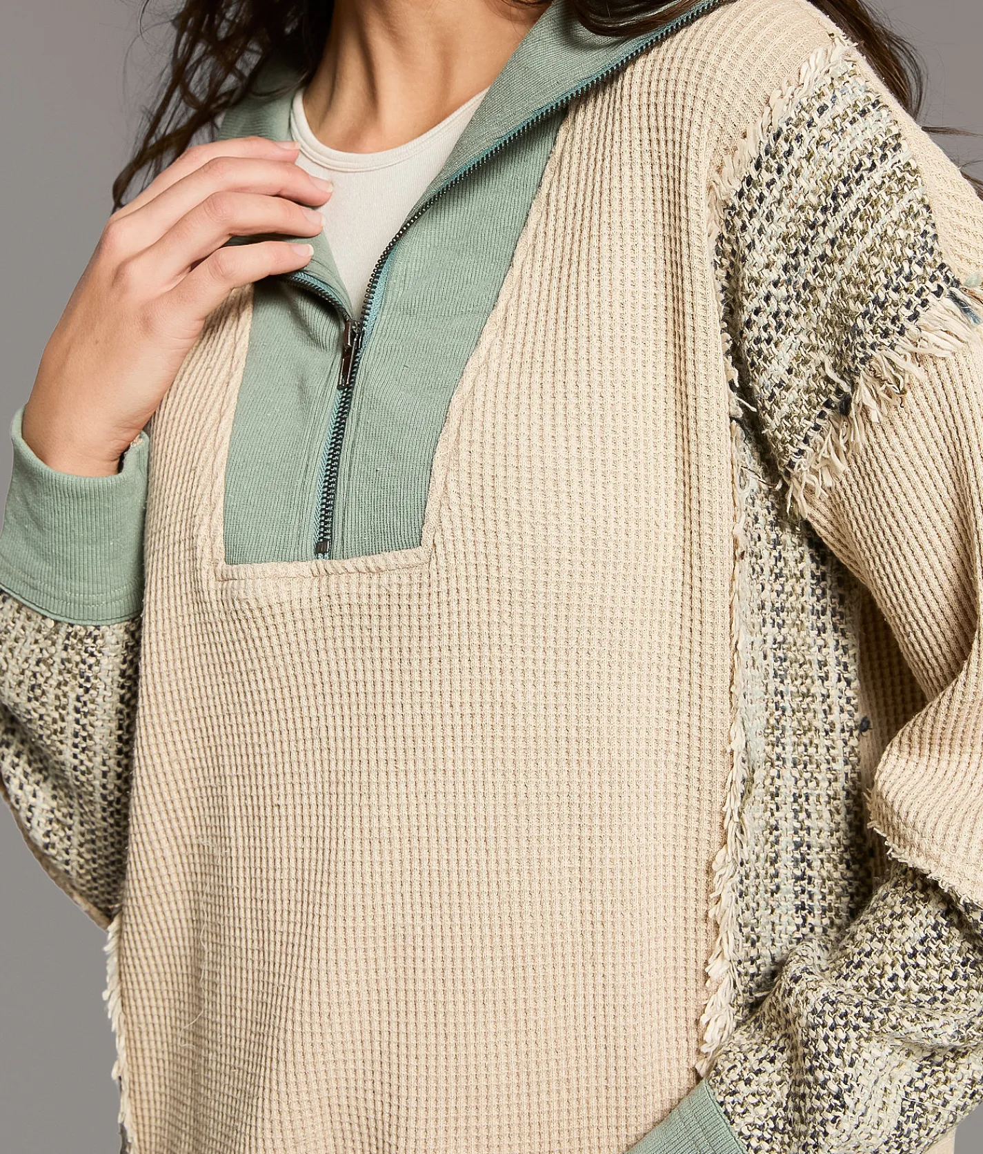 BKE Pieced Quarter Zip Oversized Pullover Gardenia Abyss Online