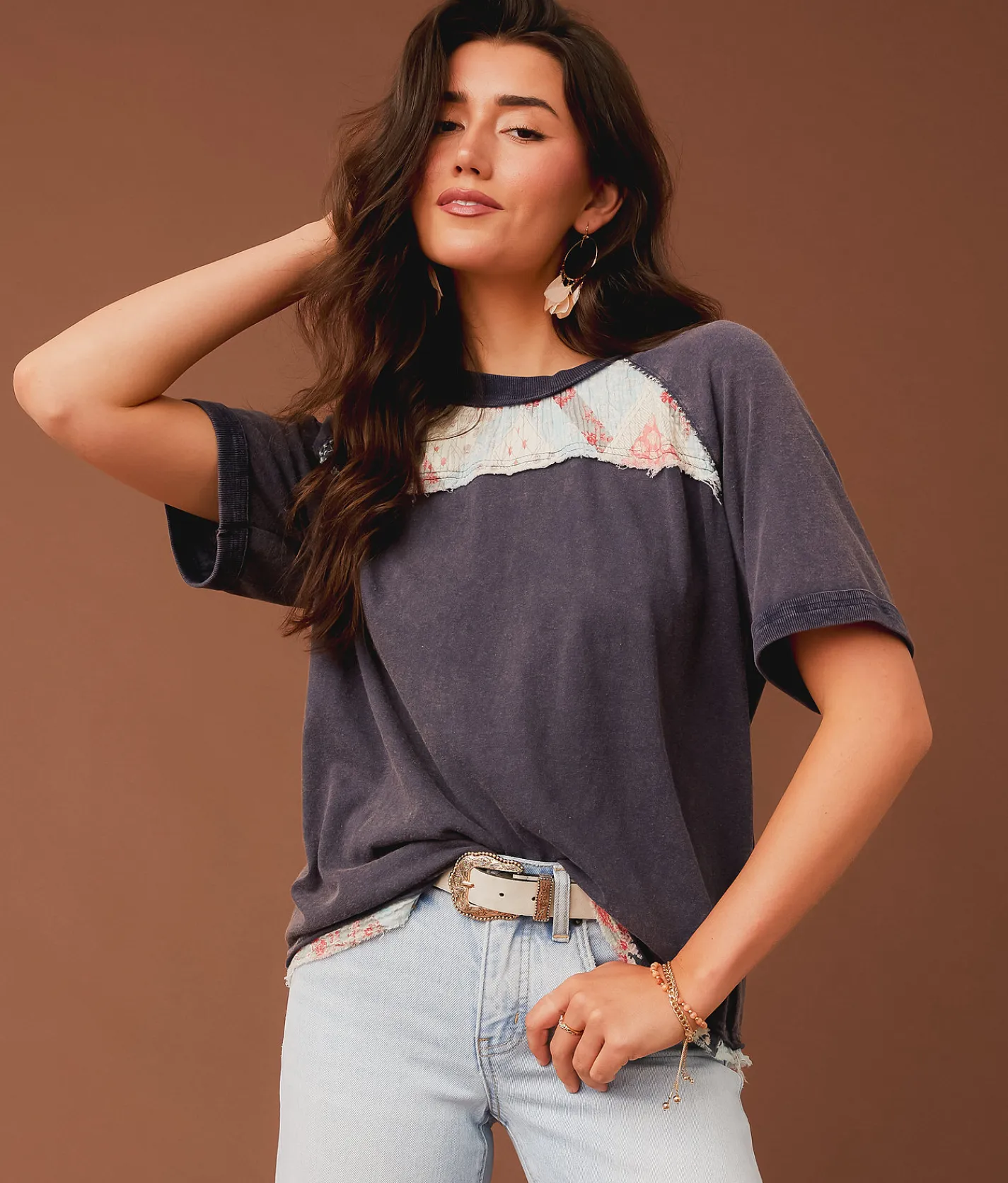 Tops | Gimmicks Pieced Quilt T-Shirt Mood Indigo