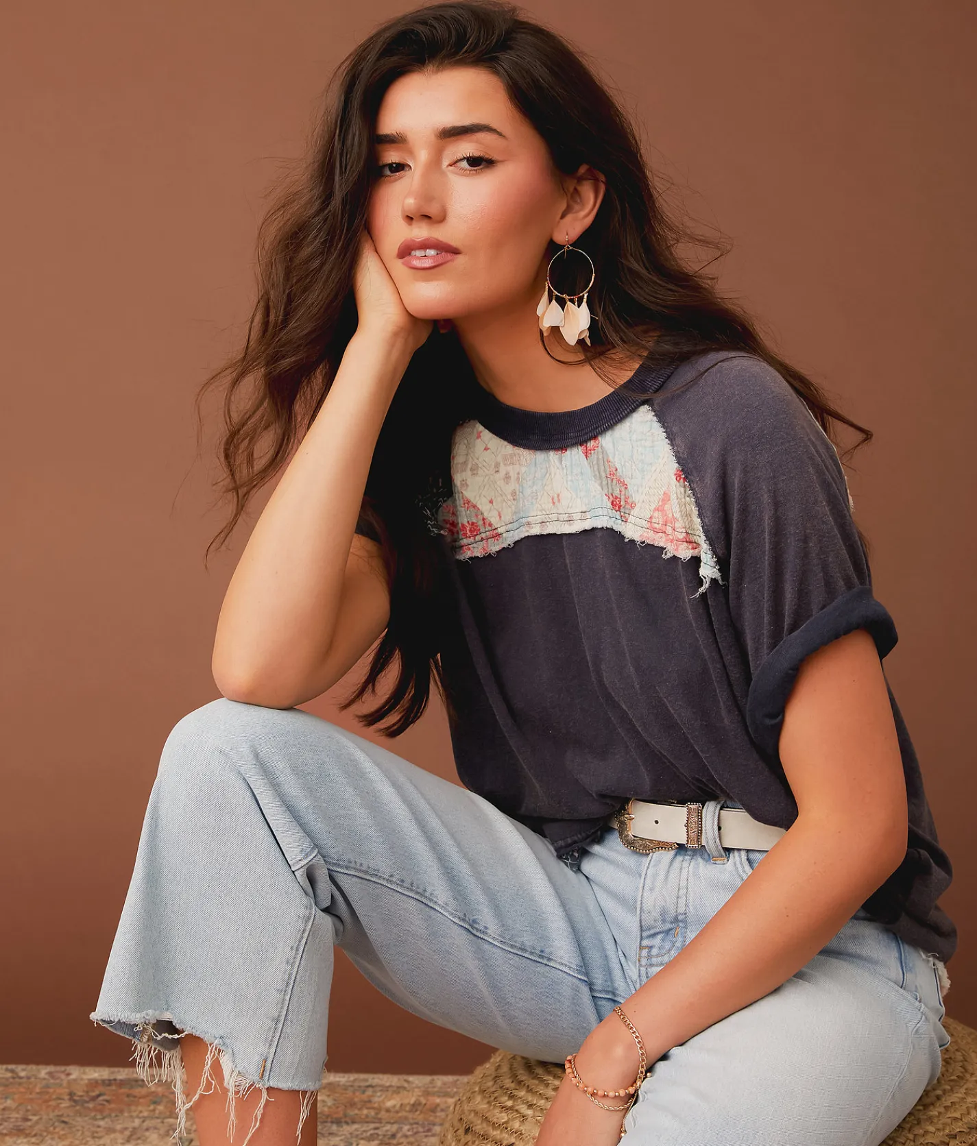 Tops | Gimmicks Pieced Quilt T-Shirt Mood Indigo