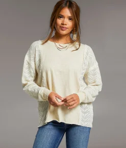 BKE Pieced Raw Edge Lace Top Cream Sale
