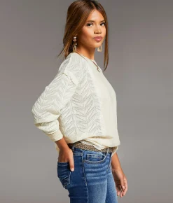 BKE Pieced Raw Edge Lace Top Cream Sale