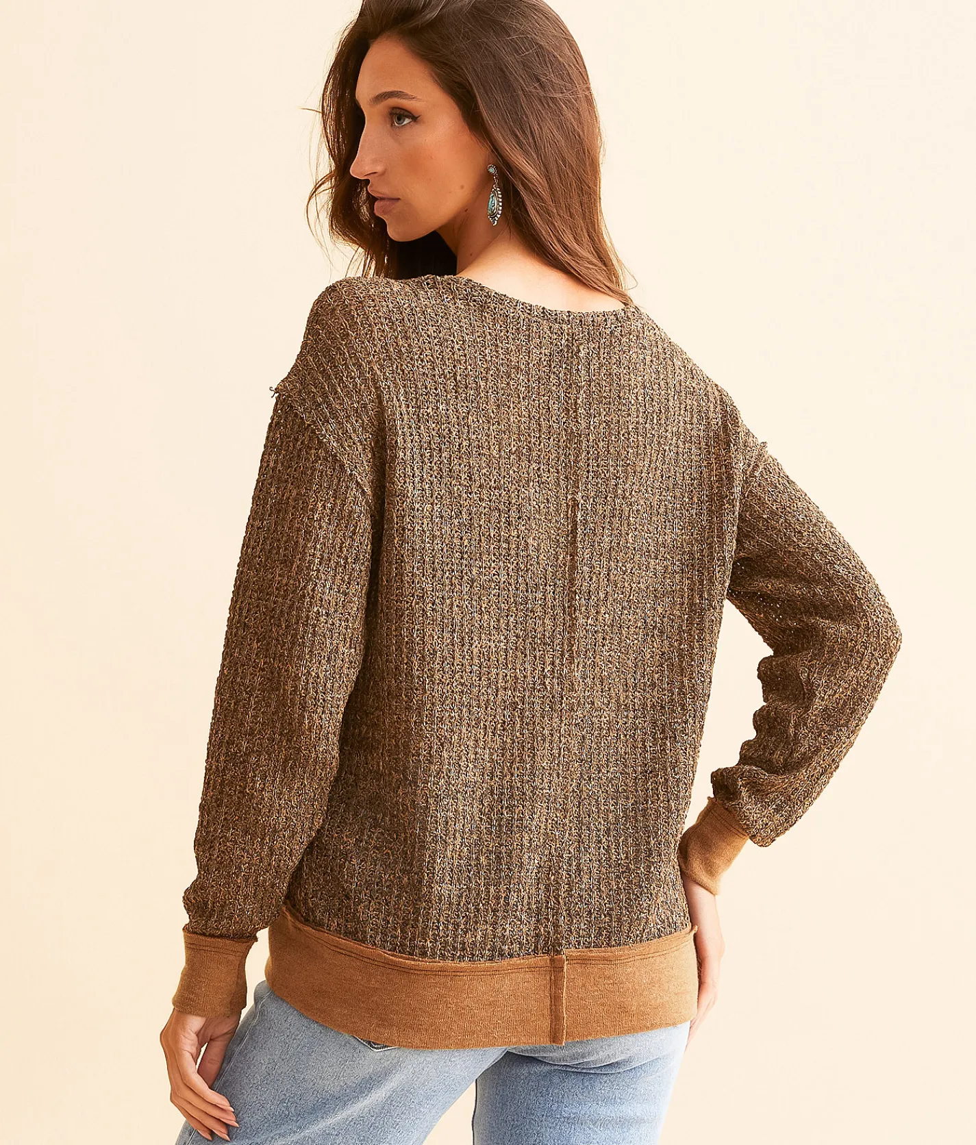 BKE Pieced Raw Edge Pullover Brown Best