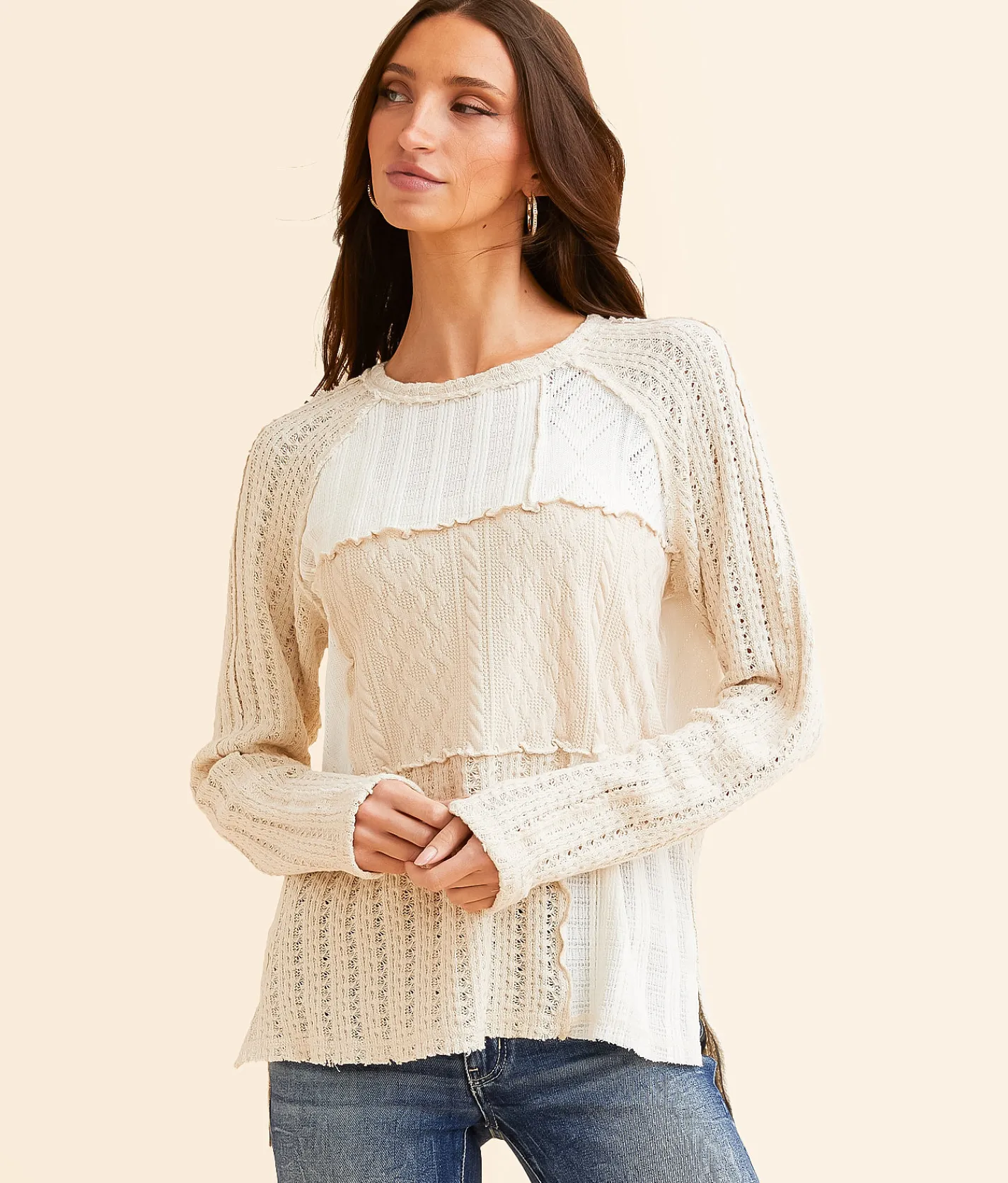 Tops | BKE Pieced Raw Edge Top Cream