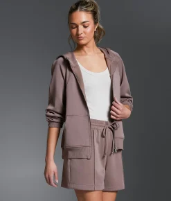 Buckle Black Pieced Rib Knit Hoodie Deep Taupe Online