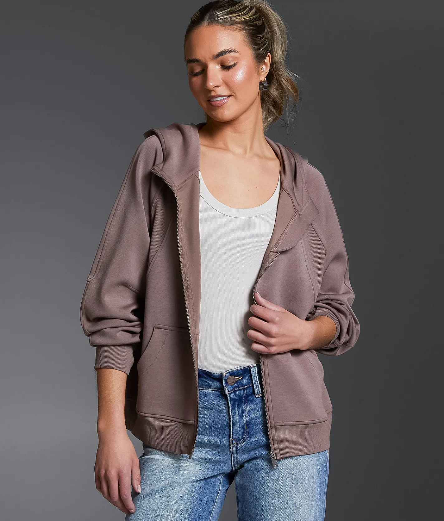 Tops | Buckle Black Pieced Rib Knit Hoodie Deep Taupe