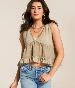 Tops | POL Pieced Ruffle Cropped Tank Top Coral Orange
