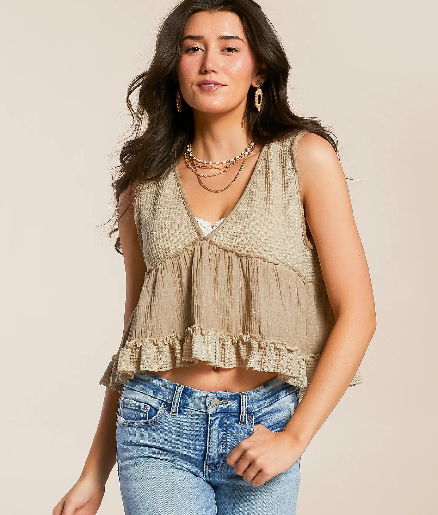 Tops | POL Pieced Ruffle Cropped Tank Top Coral Orange