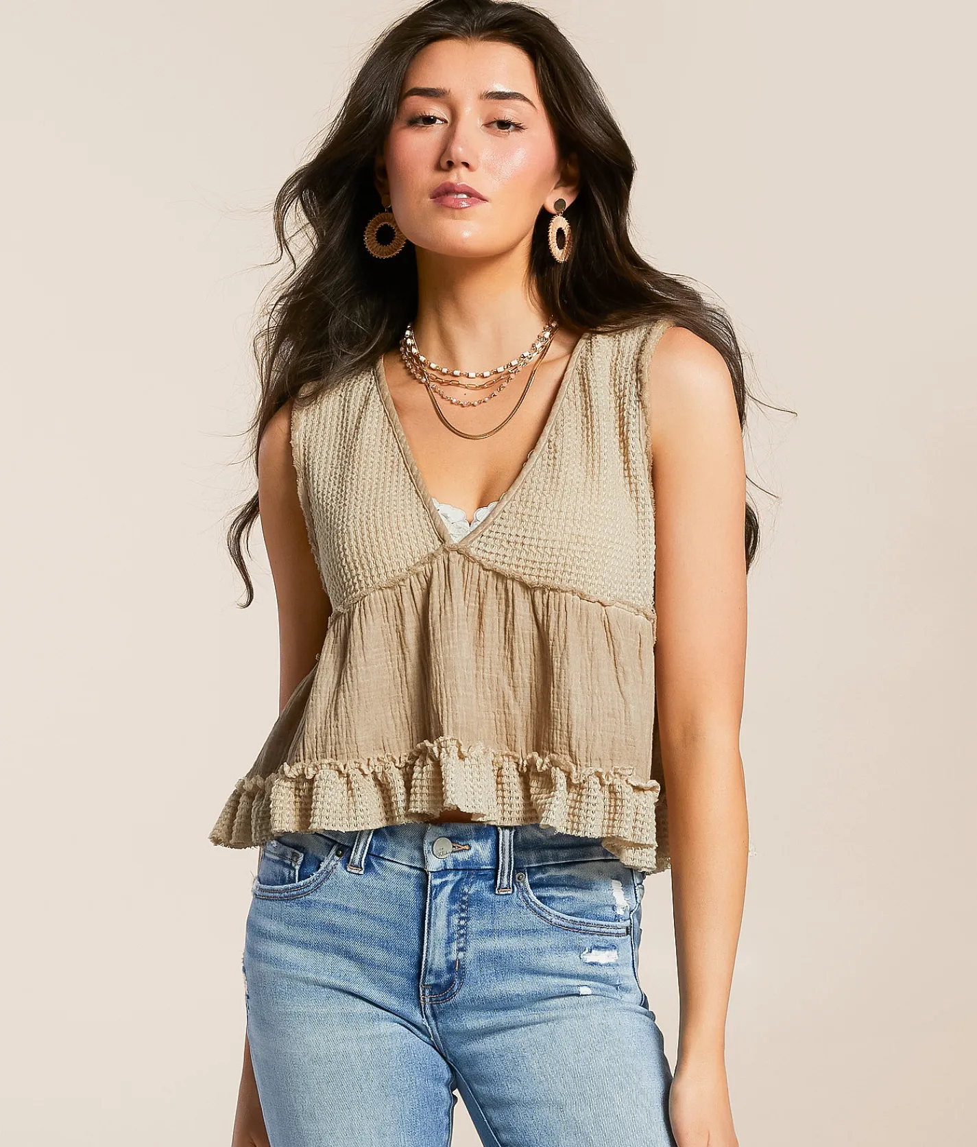 Tops | POL Pieced Ruffle Cropped Tank Top Coral Orange