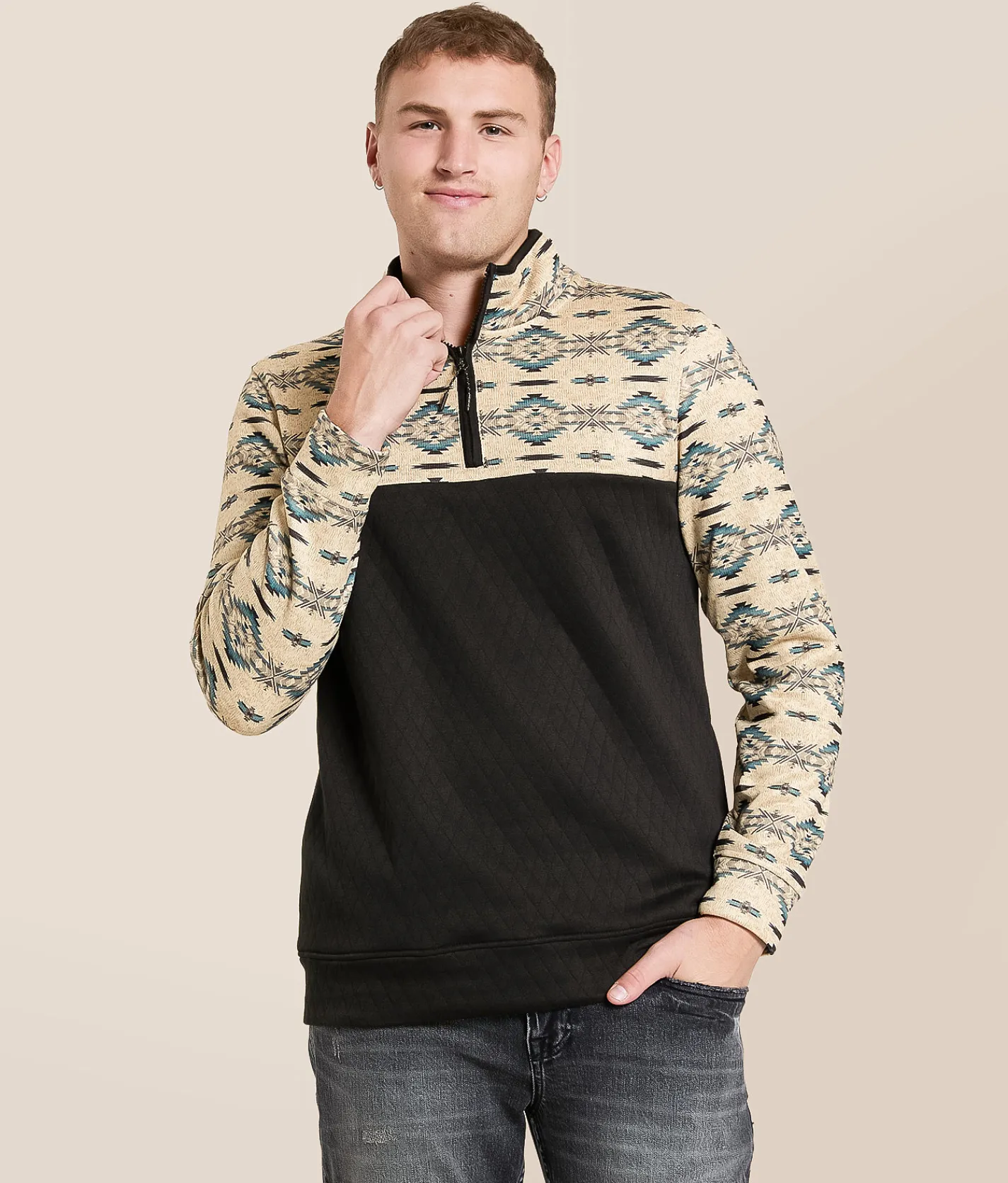 Tops | Departwest Pieced Southwestern Print Quarter Zip Pullover Woodland Gray