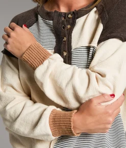BKE Pieced Stripe Oversized Henley Pullover Black White Sale