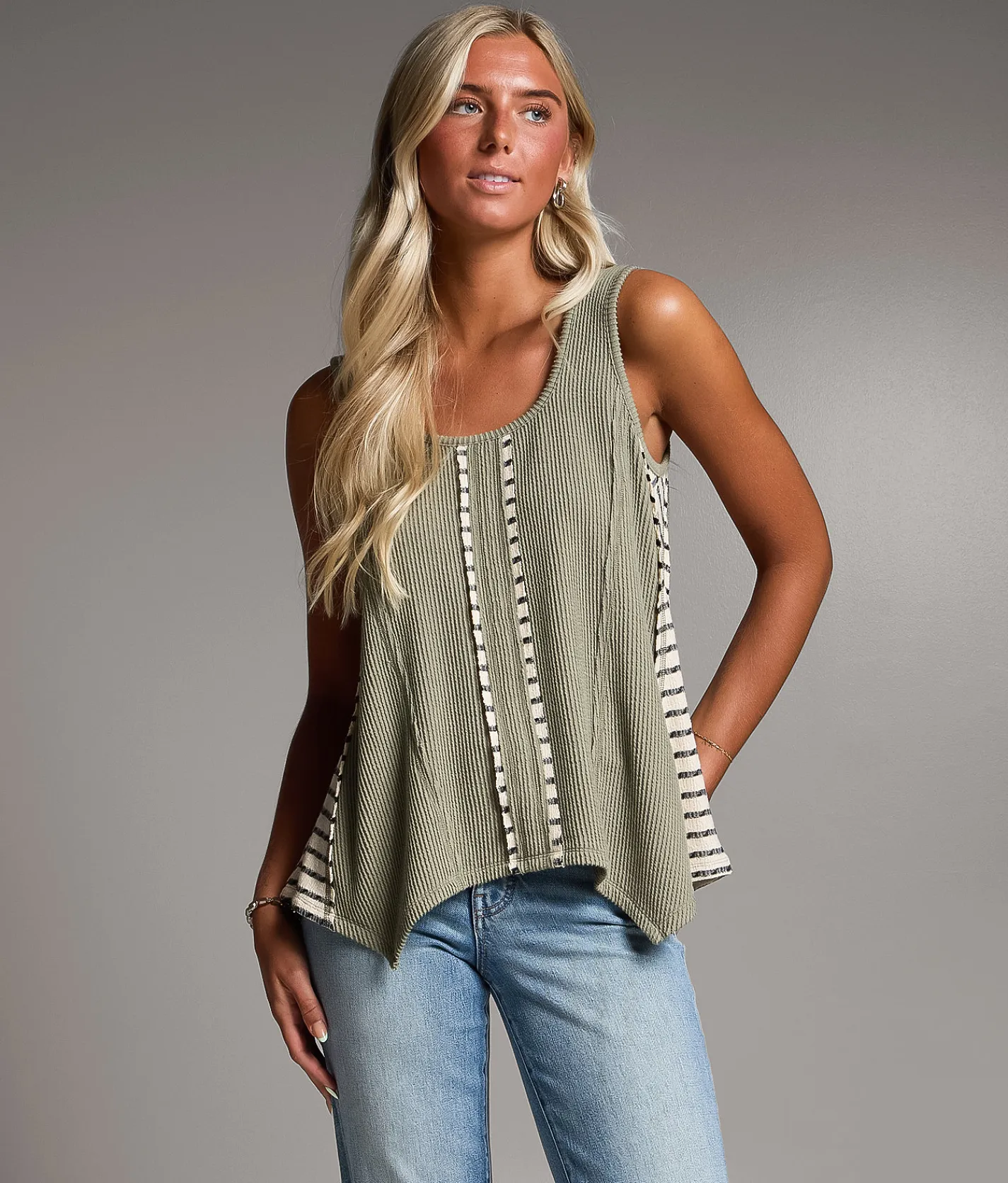 BKE Pieced Stripe Tank Top Vetiver Online