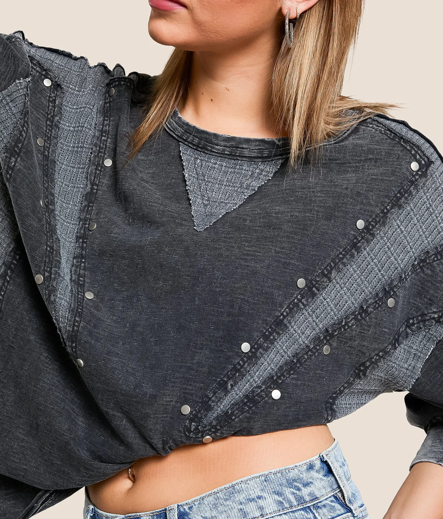 Gilded Intent Pieced Stud Top Washed Black New