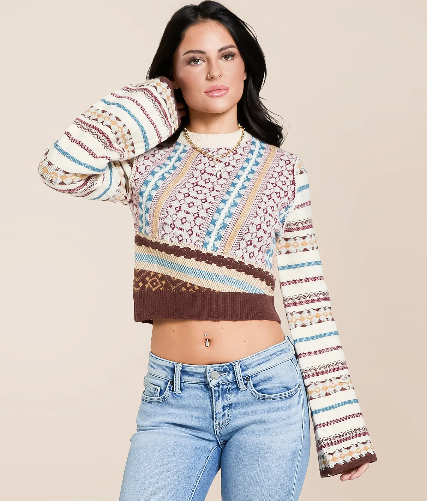 Gilded Intent Pieced Sweater Multi Print Hot