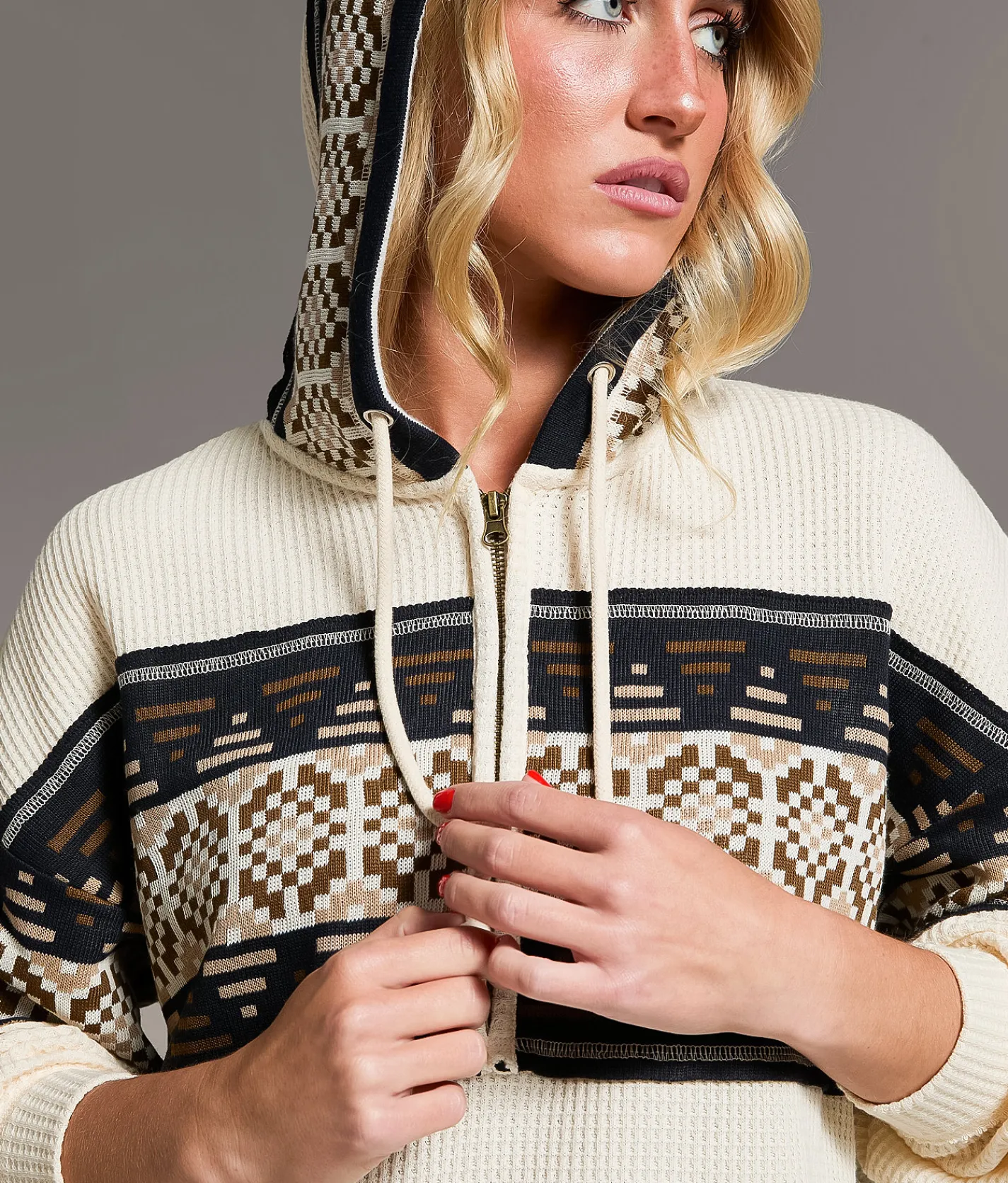 Tops | BKE Pieced Sweater Waffle Knit Hoodie Beige