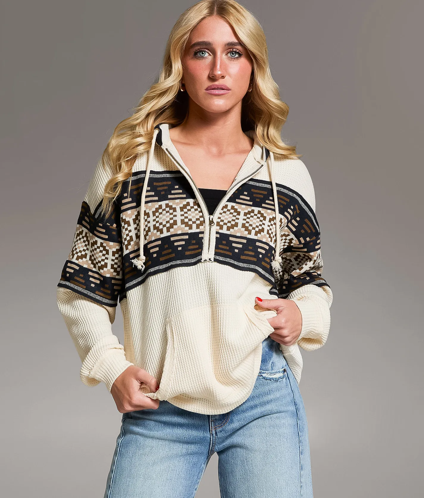 Tops | BKE Pieced Sweater Waffle Knit Hoodie Beige
