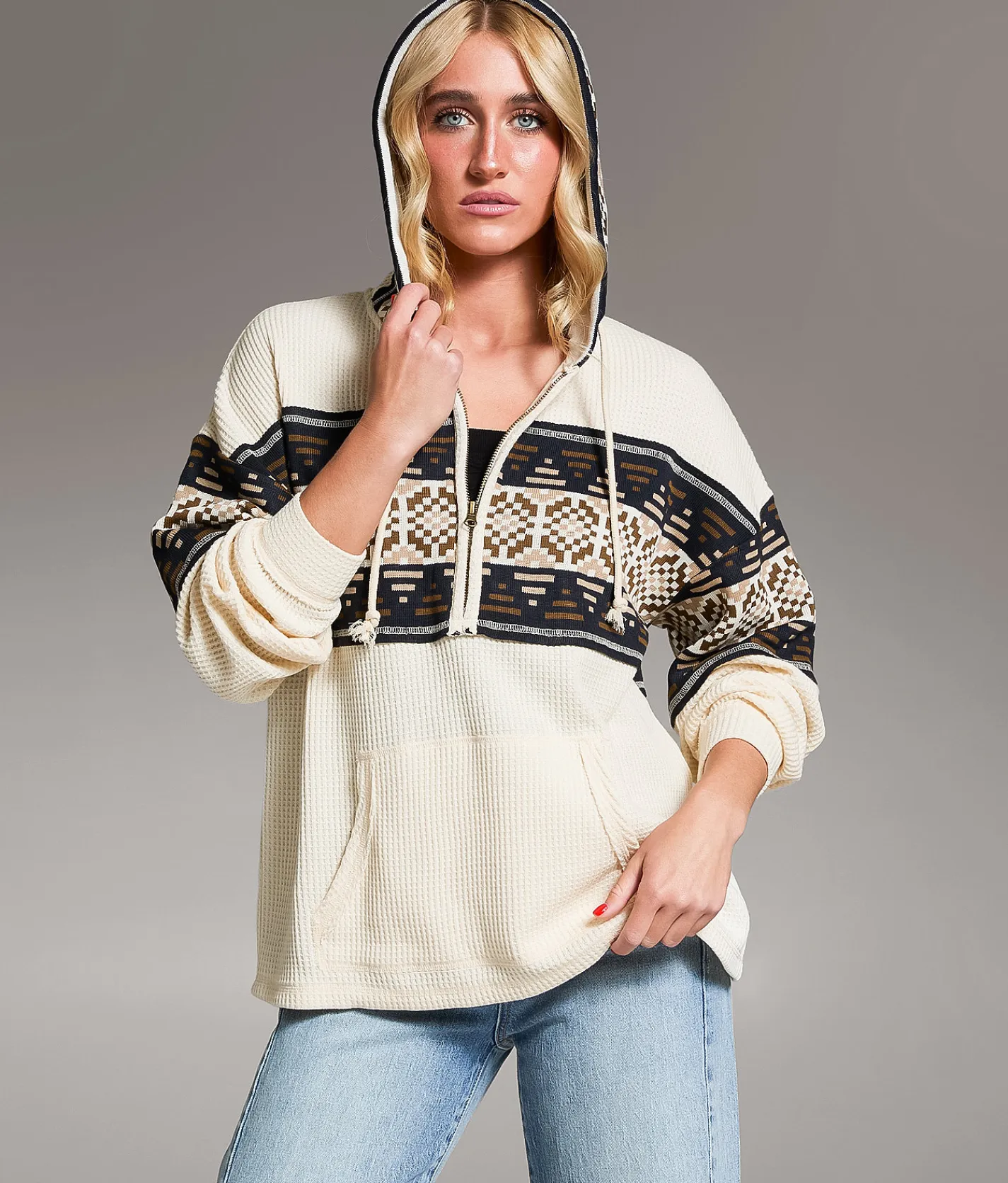 Tops | BKE Pieced Sweater Waffle Knit Hoodie Beige