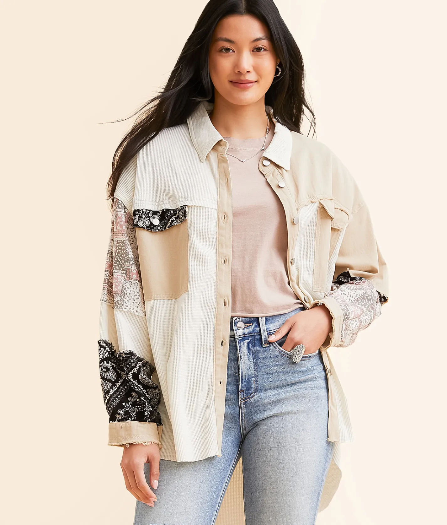Tops | POL Pieced Thermal Oversized Shirt Cream Beige