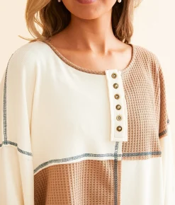 Tops | POL Pieced Waffle Knit Henley Powder Cream