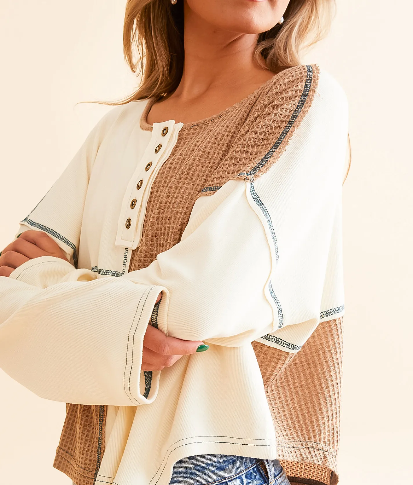 Tops | POL Pieced Waffle Knit Henley Powder Cream