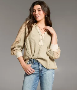 Tops | BKE Pieced Waffle Knit Henley Cobblestone