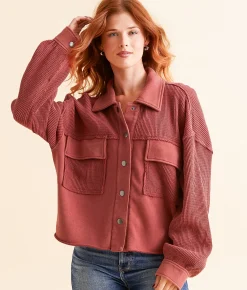 Tops|Coats & Jackets | BKE Pieced Waffle Knit Shacket Earth Red
