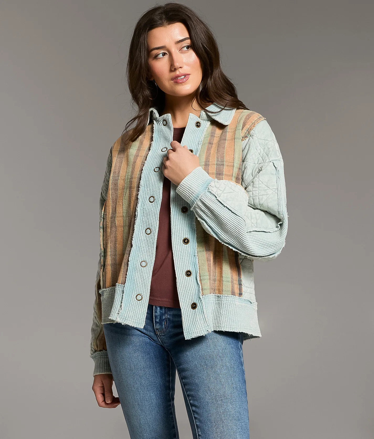 BKE Pieced Waffle Knit Striped Shacket Abyss Best