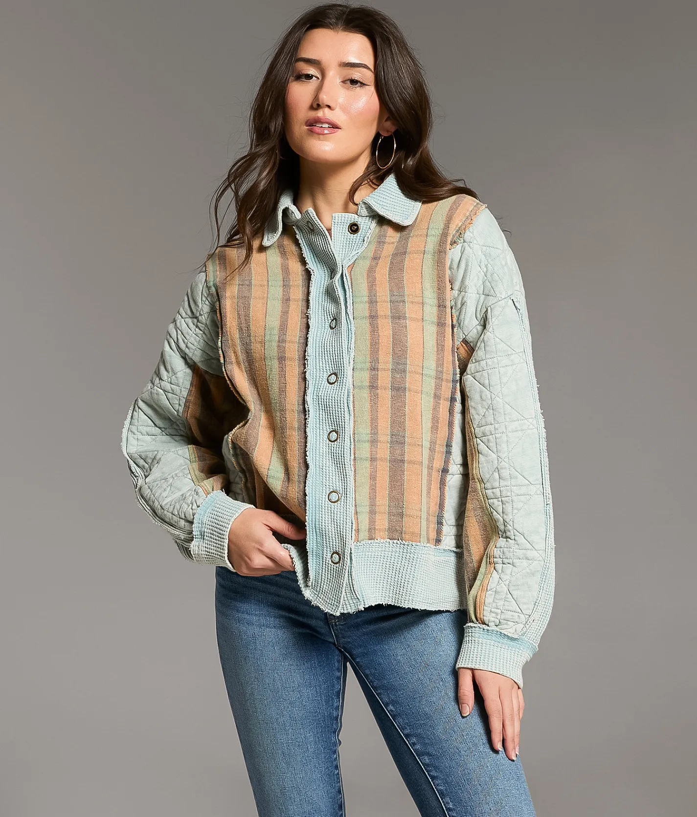 BKE Pieced Waffle Knit Striped Shacket Abyss Best