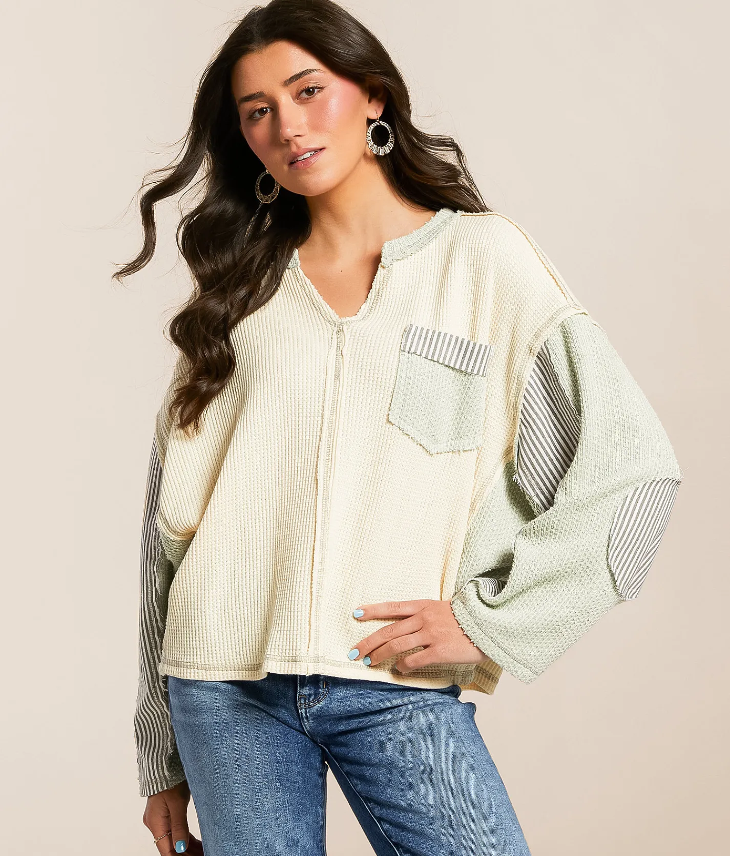 Tops | POL Pieced Waffle Knit Top Cream