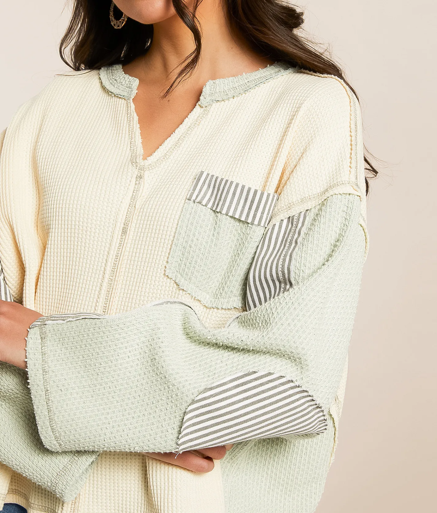 Tops | POL Pieced Waffle Knit Top Cream