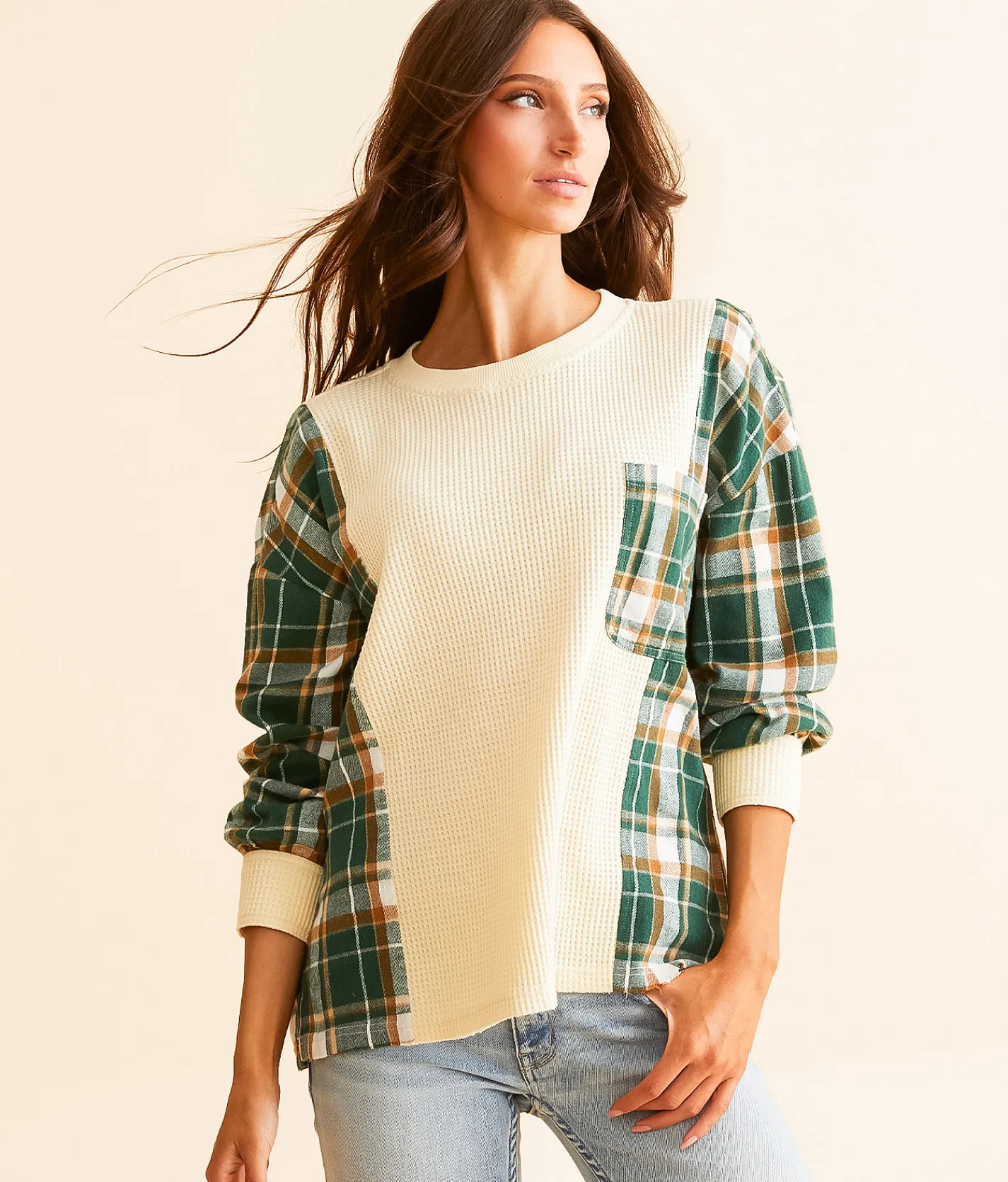 Tops | BKE Pieced Waffle Knit Top Cream Green