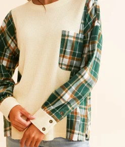Tops | BKE Pieced Waffle Knit Top Cream Green