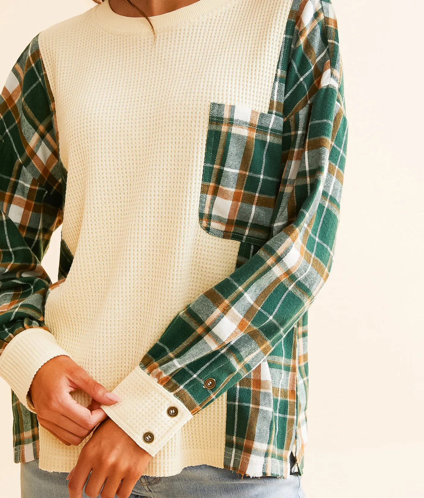 Tops | BKE Pieced Waffle Knit Top Cream Green