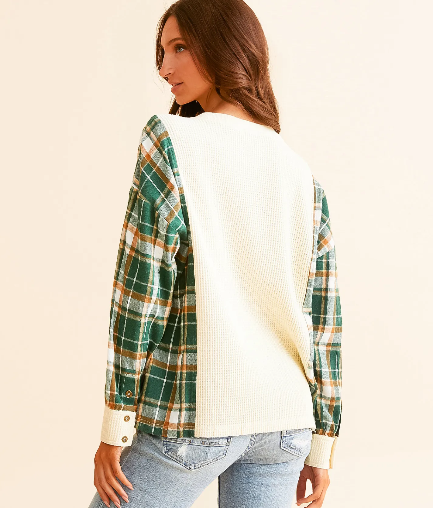 Tops | BKE Pieced Waffle Knit Top Cream Green