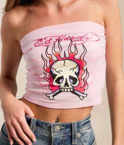 Tops | Ed Hardy Pink Flame Skull Tube Top Pink Ballerina