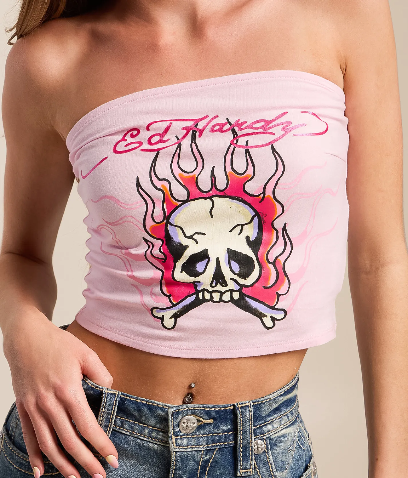 Tops | Ed Hardy Pink Flame Skull Tube Top Pink Ballerina