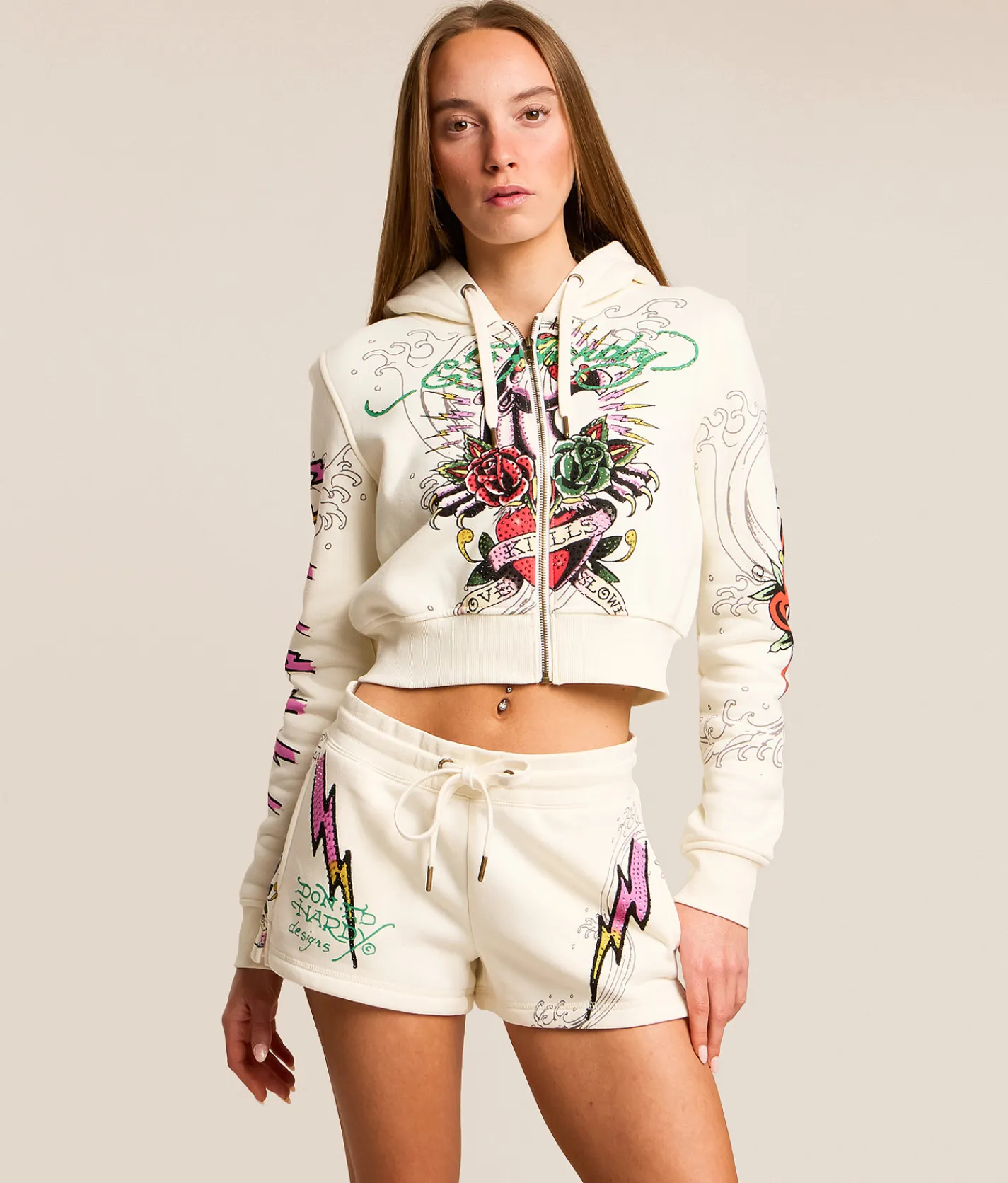 Tops | Ed Hardy Pink Panther Cropped Hoodie Ivory