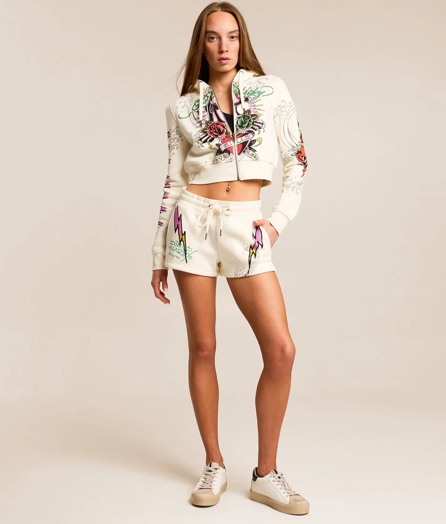 Tops | Ed Hardy Pink Panther Cropped Hoodie Ivory