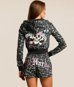 Ed Hardy Pink Skull Cropped Hoodie Black Leopard Best