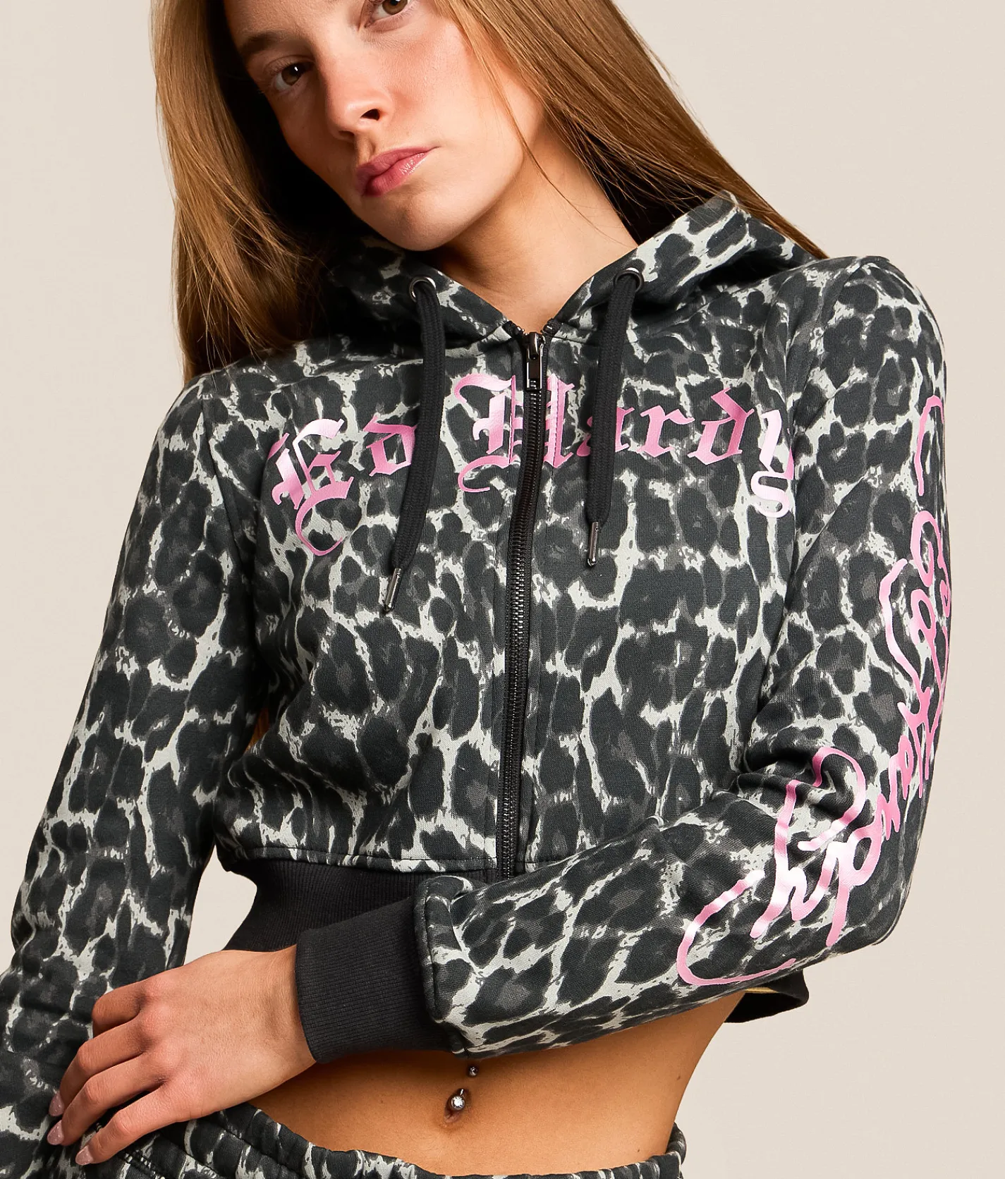 Ed Hardy Pink Skull Cropped Hoodie Black Leopard Best