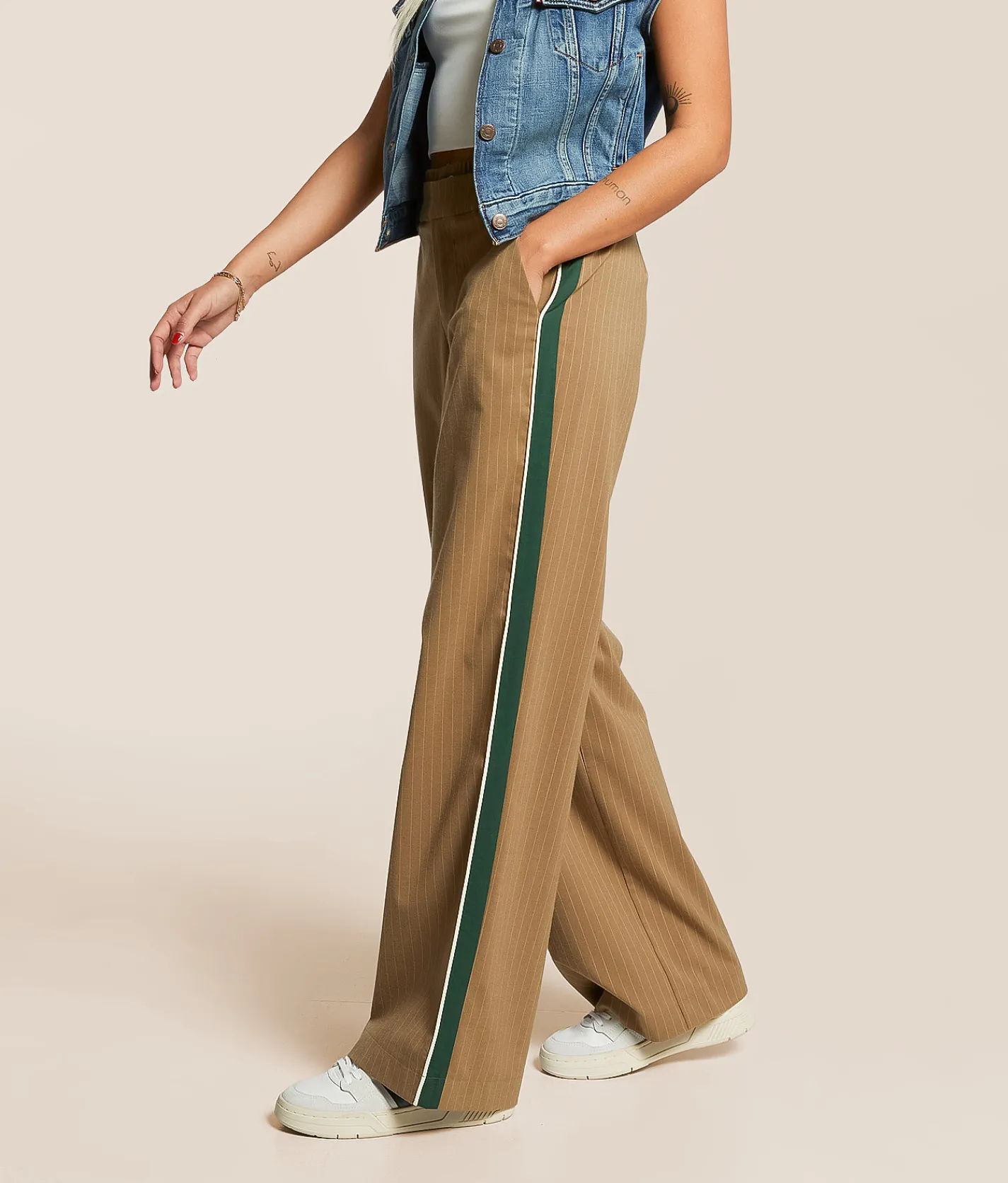 Gilded Intent Pinstriped Trouser Pant Taupe Green Sale