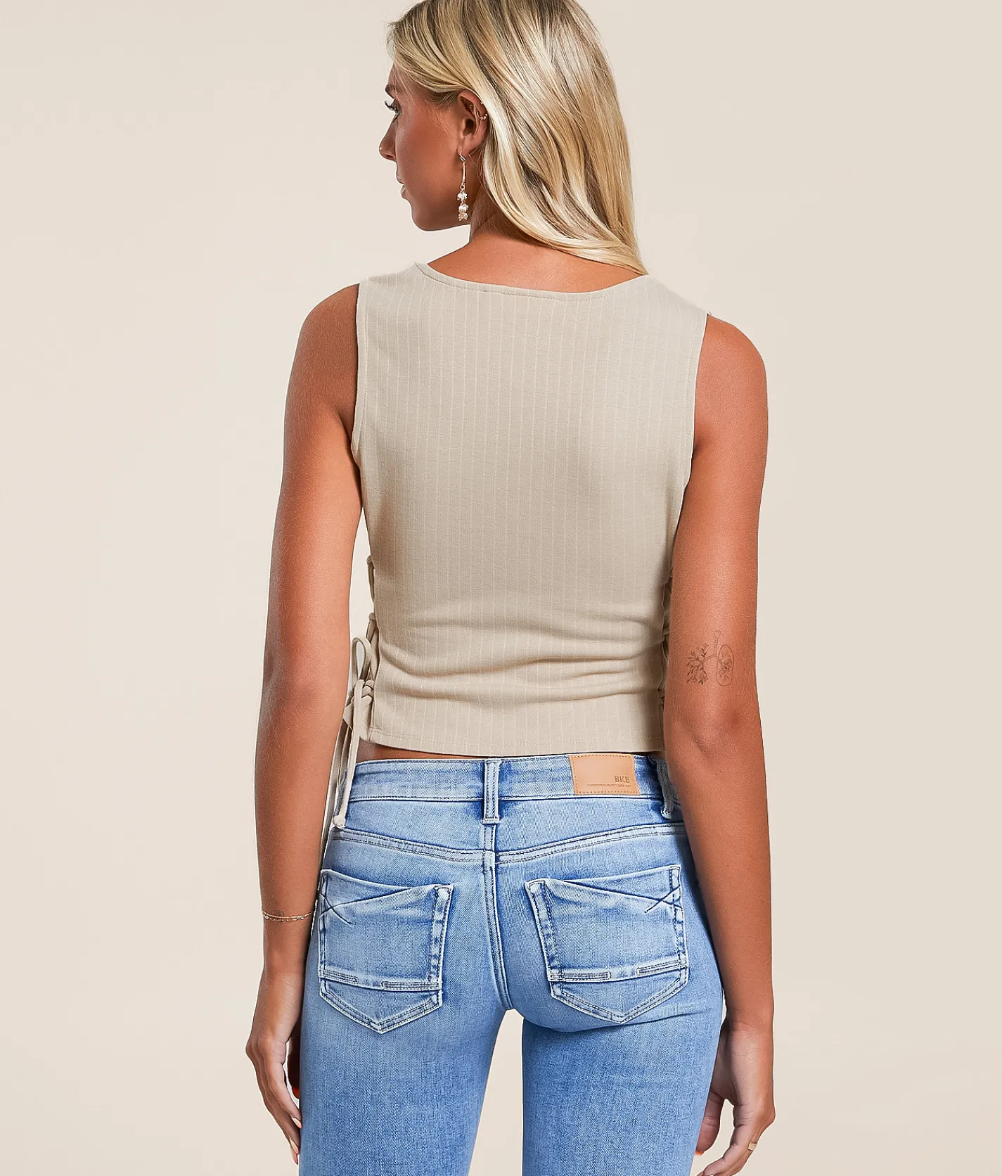 Willow & Root Pinstripe Lace-Up Vest Sand White New