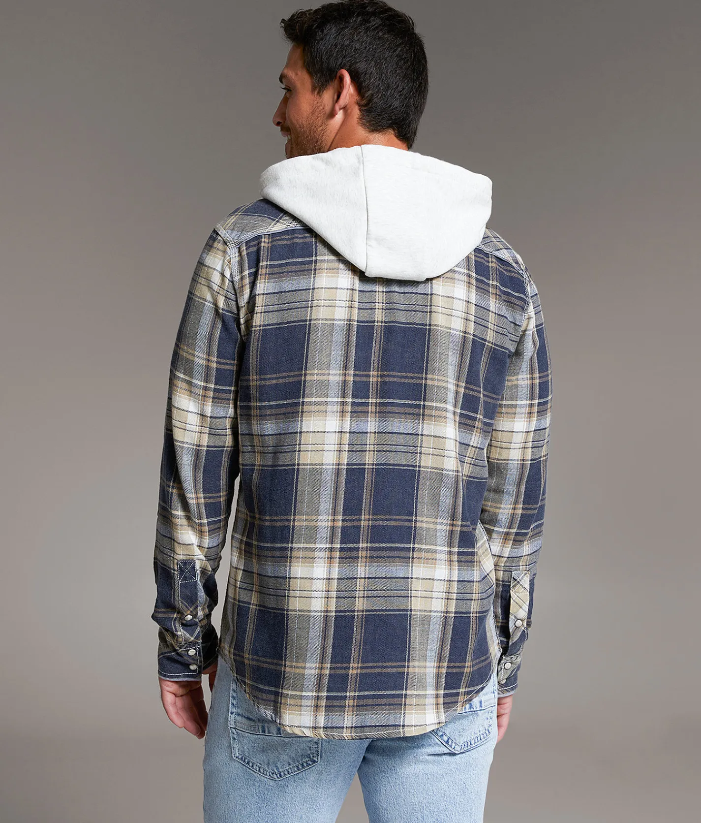 Tops | BKE Vintage Plaid Athletic Hooded Shirt Navy Tan